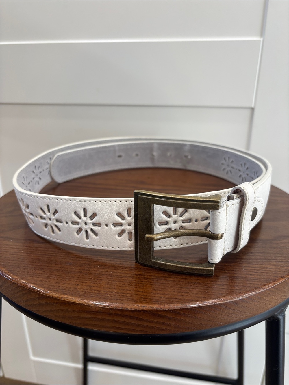 White Floral Cutout Leather Belt with Brass Buckle